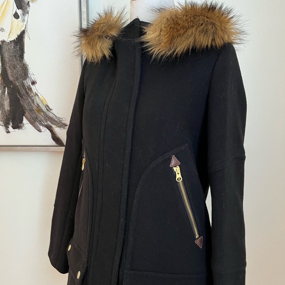 J. Crew Women's Black Stadium Cloth Wool Coat with Faux Fur Hood Size 0 - Picture 3 of 10
